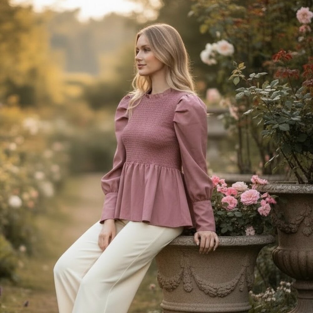 Dusty Rose Smocked Peplum Blouse L Puff Sleeve Cottagecore Romantic Top